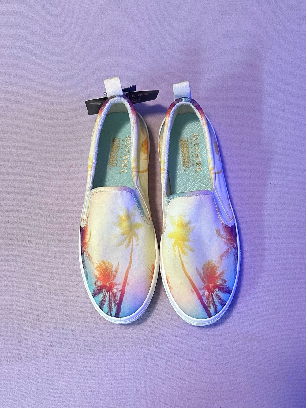 Skechers Slip-On Sneakers in Pastel Rainbow Palm Print